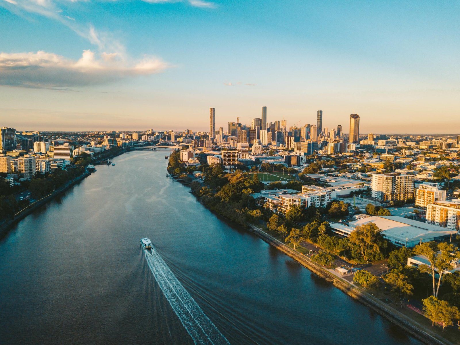 Sunset aerial shot of Brisbane