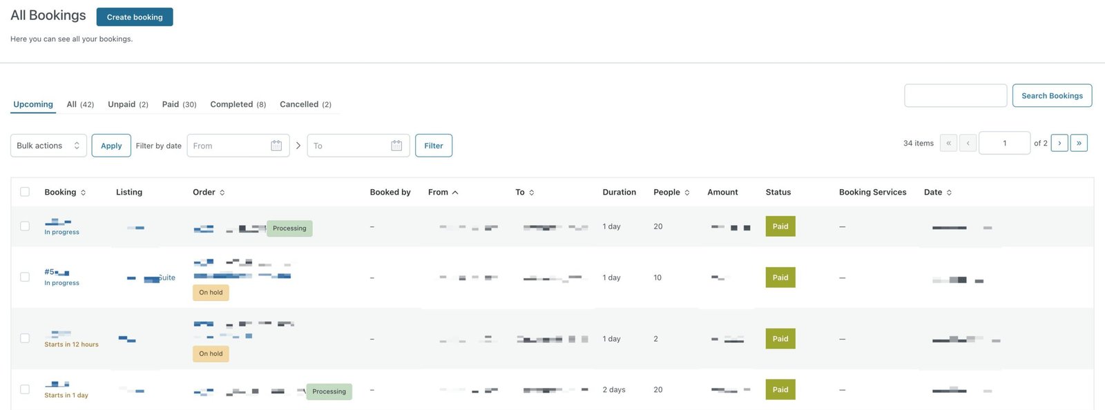 Backend view of the booking list. For anyone planning to build a vacation rental website, YITH Booking & Appointments for WooCommerce offers a straightforward way to view and manage all bookings in one place.