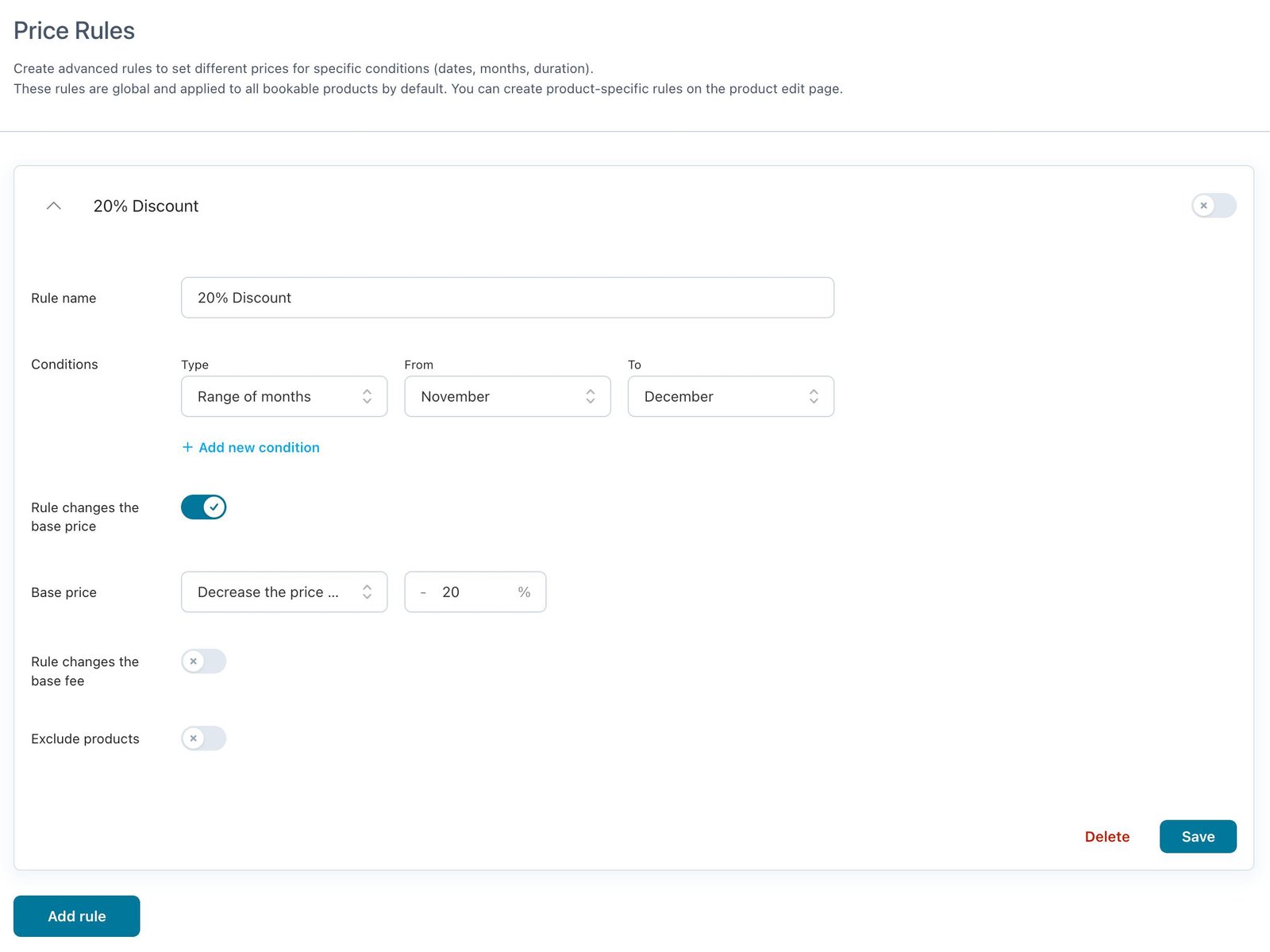 Image of setting a global Price Rules. Great option for hotel businesses who want to build a vacation rental website.