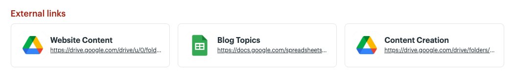 External links added to one of my web design client onboarding boards in Basecamp.