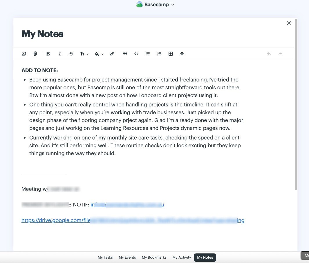 The new My Notes feature in Basecamp, part of my web design client onboarding workflow.